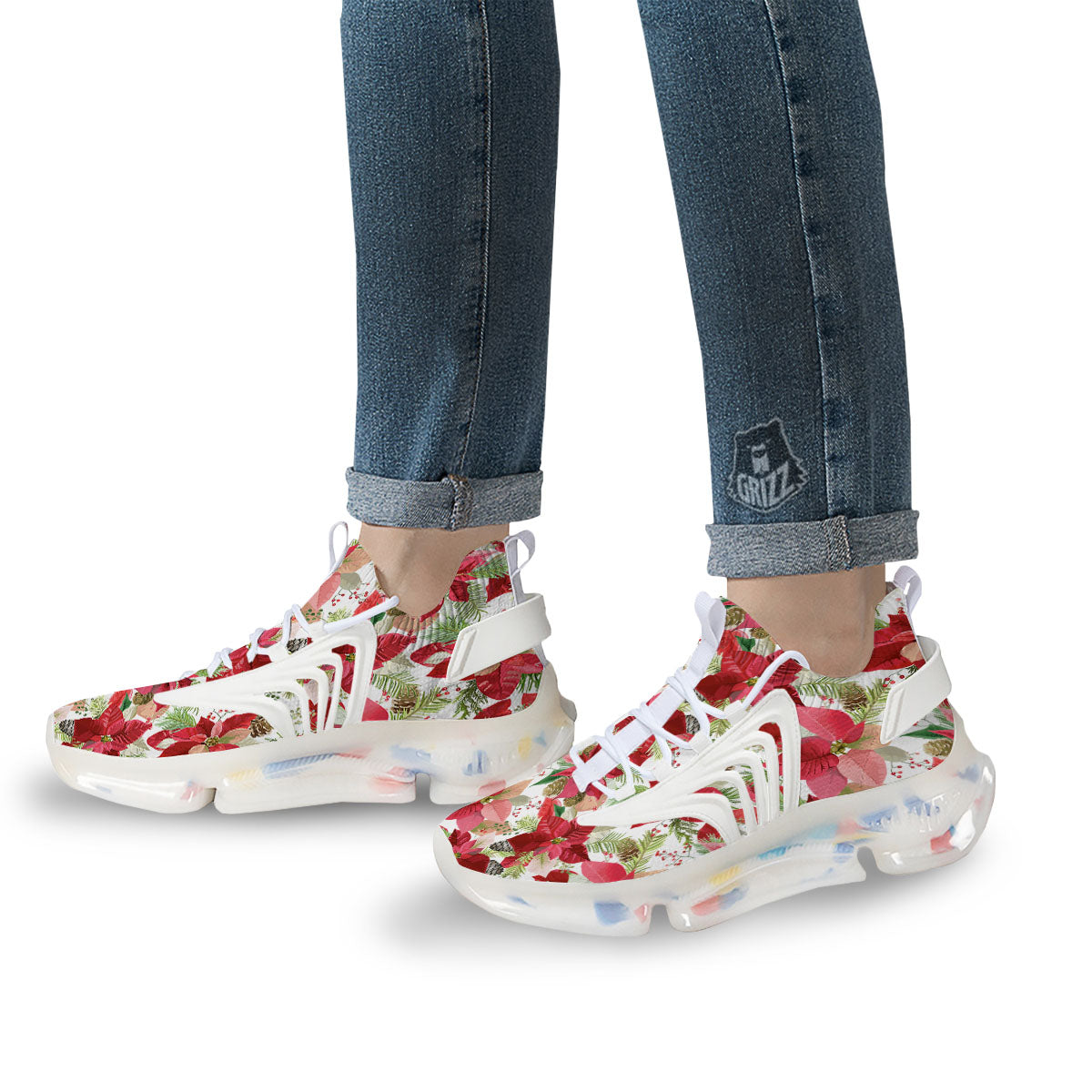Flower Poinsettia Print Pattern White Gym Shoes-grizzshop