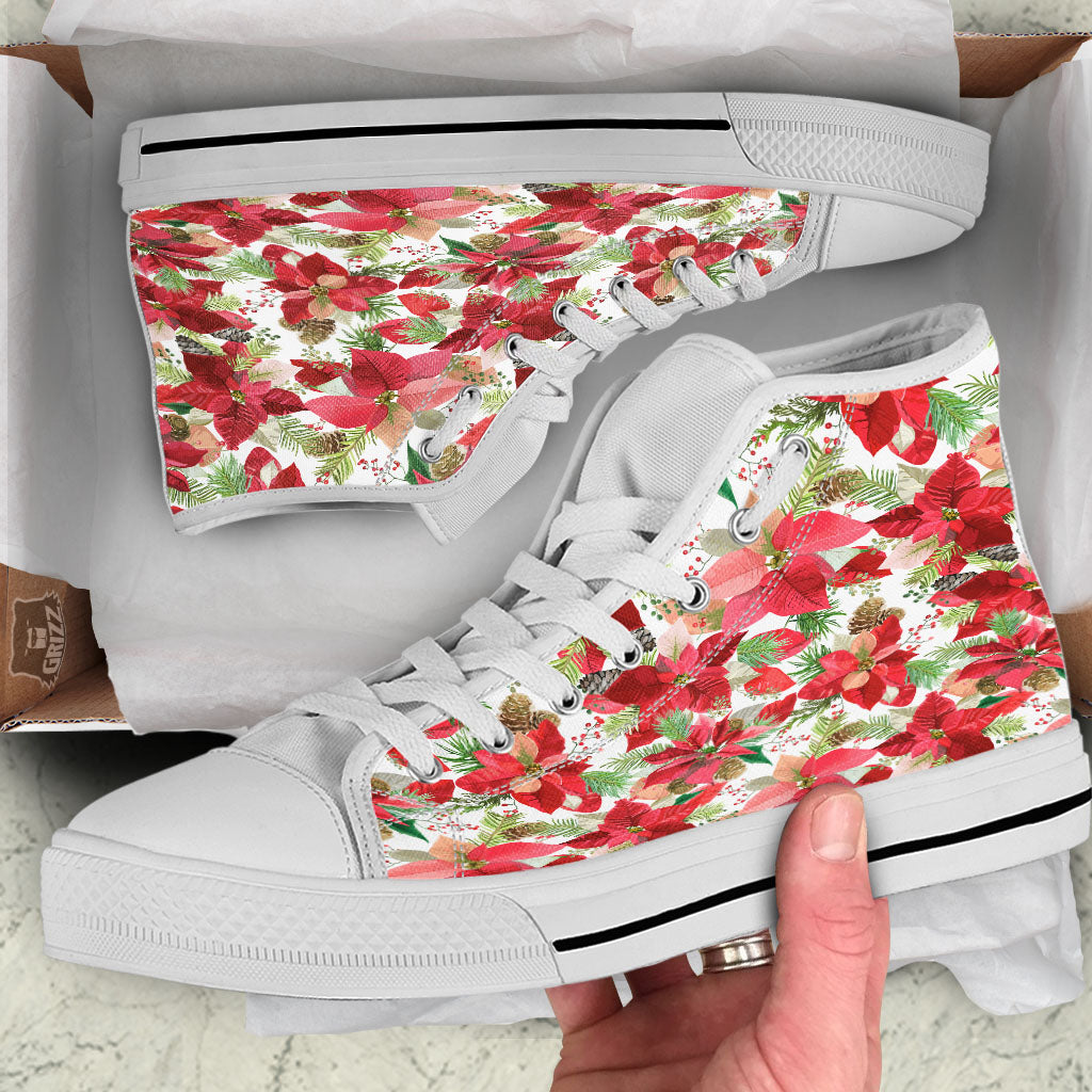 Flower Poinsettia Print Pattern White High Top Shoes-grizzshop