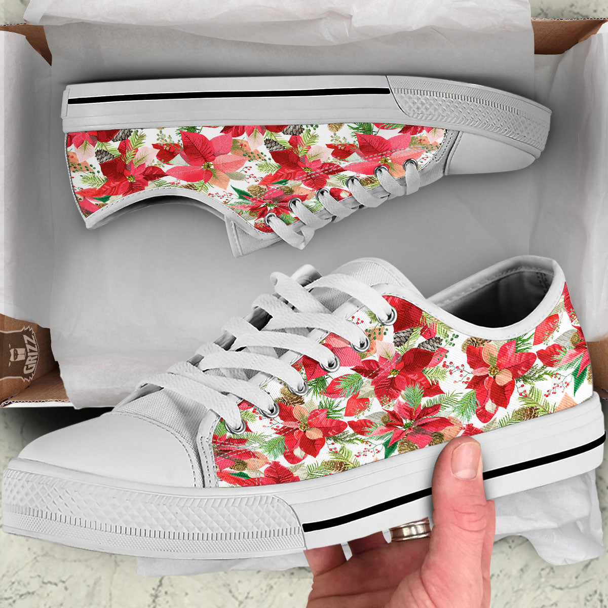Flower Poinsettia Print Pattern White Low Top Shoes-grizzshop