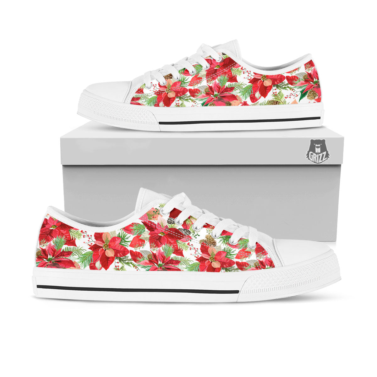 Flower Poinsettia Print Pattern White Low Top Shoes-grizzshop