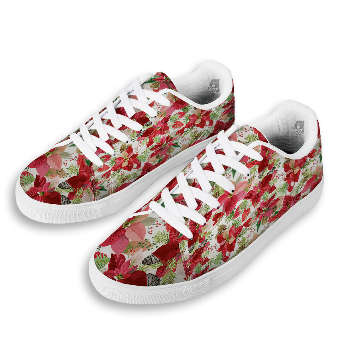 Flower Poinsettia Print Pattern White Low Top Sneakers-grizzshop