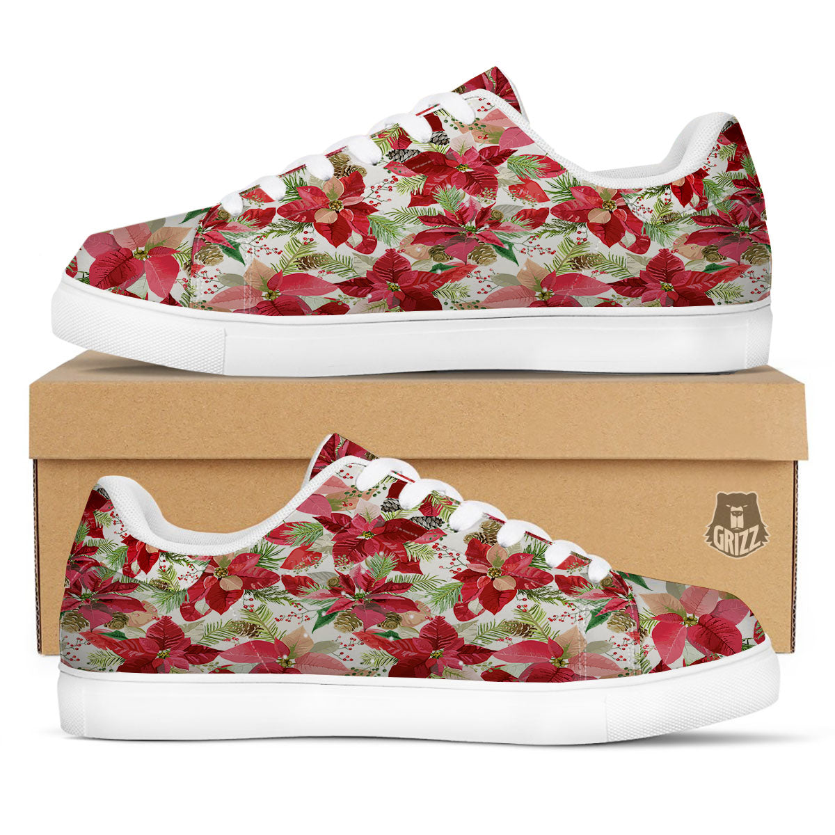 Flower Poinsettia Print Pattern White Low Top Sneakers-grizzshop