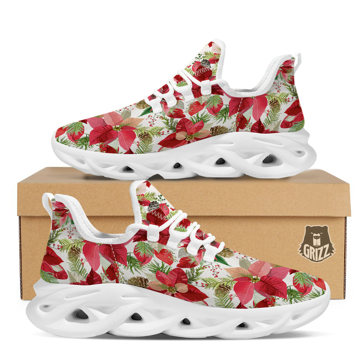 Flower Poinsettia Print Pattern White Running Shoes-grizzshop