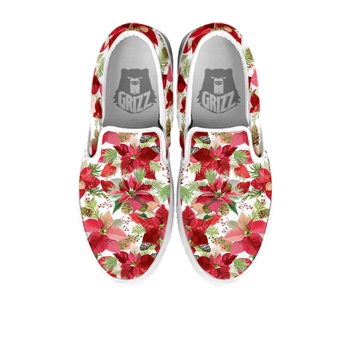 Flower Poinsettia Print Pattern White Slip On Shoes-grizzshop