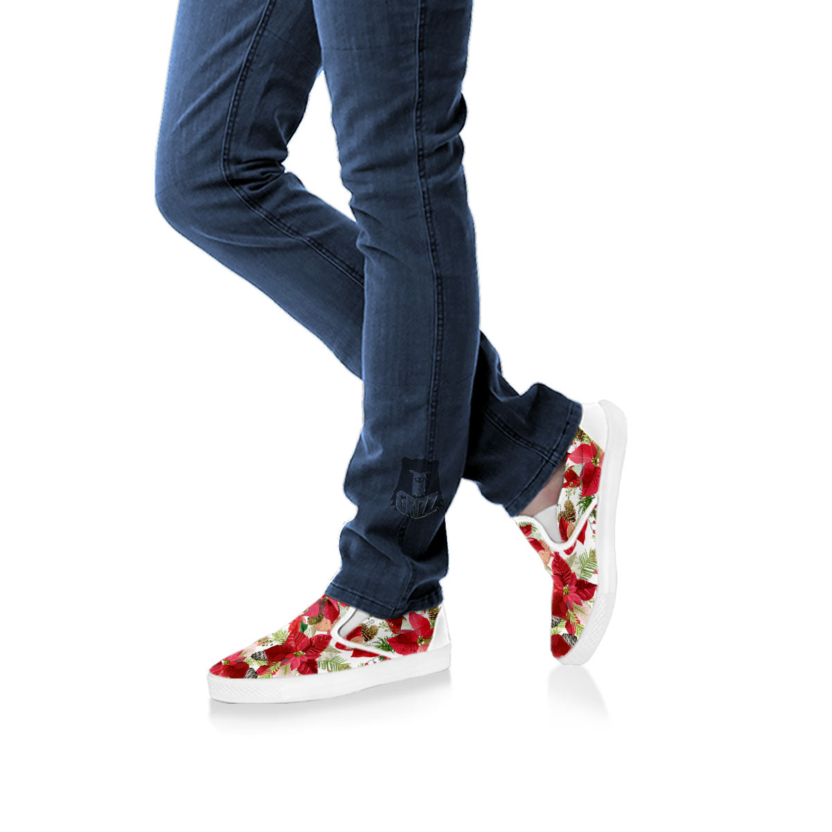 Flower Poinsettia Print Pattern White Slip On Shoes-grizzshop