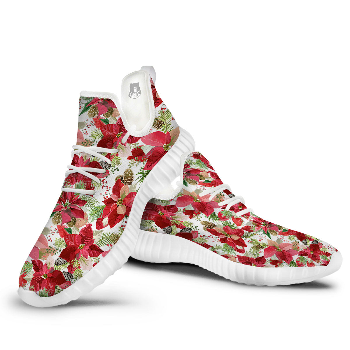 Flower Poinsettia Print Pattern White Walking Shoes-grizzshop