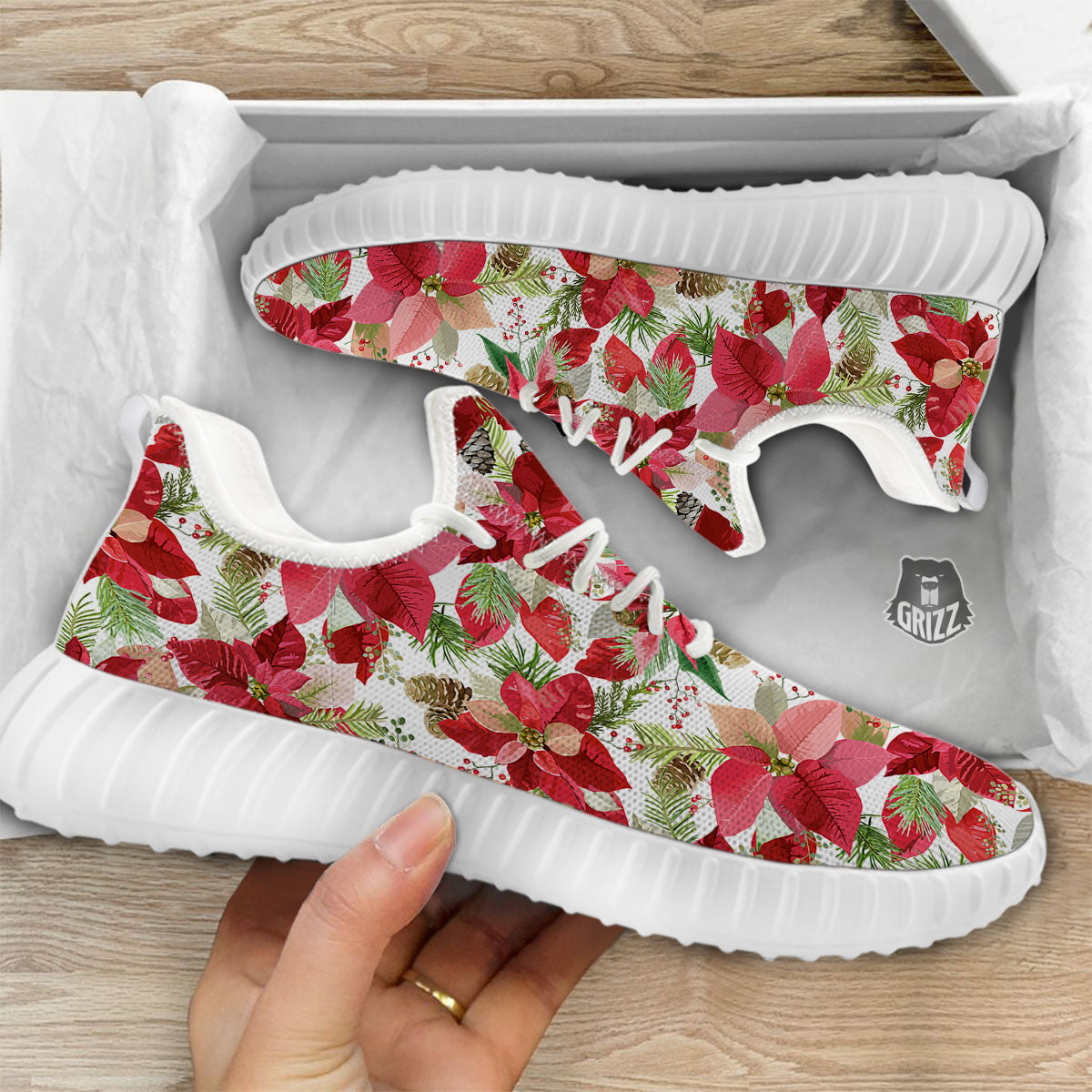 Flower Poinsettia Print Pattern White Walking Shoes-grizzshop