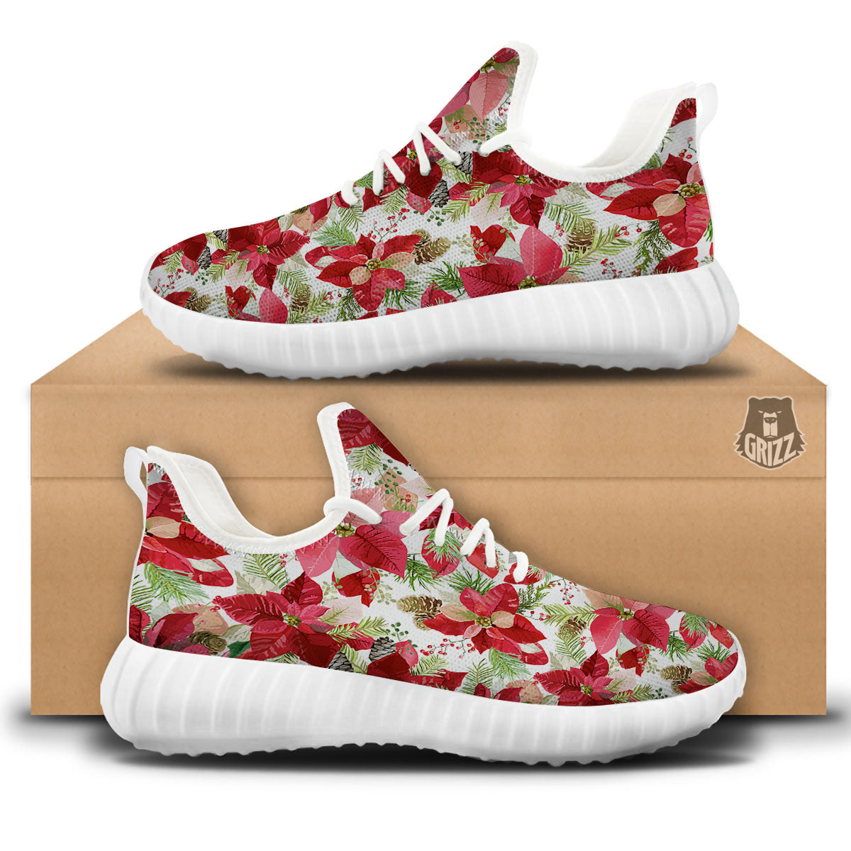 Flower Poinsettia Print Pattern White Walking Shoes-grizzshop