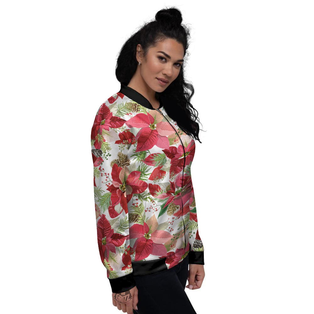 Flower Poinsettia Print Pattern Women's Bomber Jacket-grizzshop
