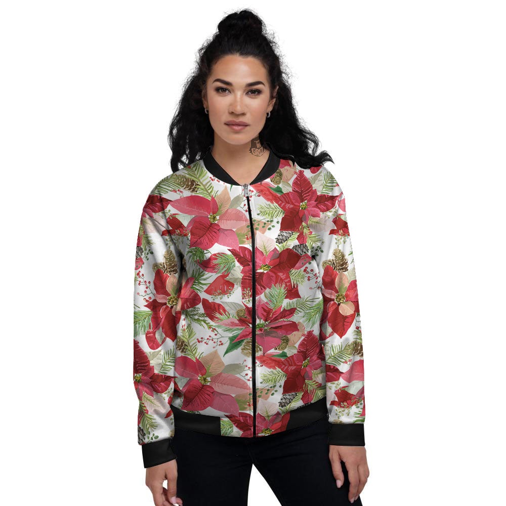 Flower Poinsettia Print Pattern Women's Bomber Jacket-grizzshop