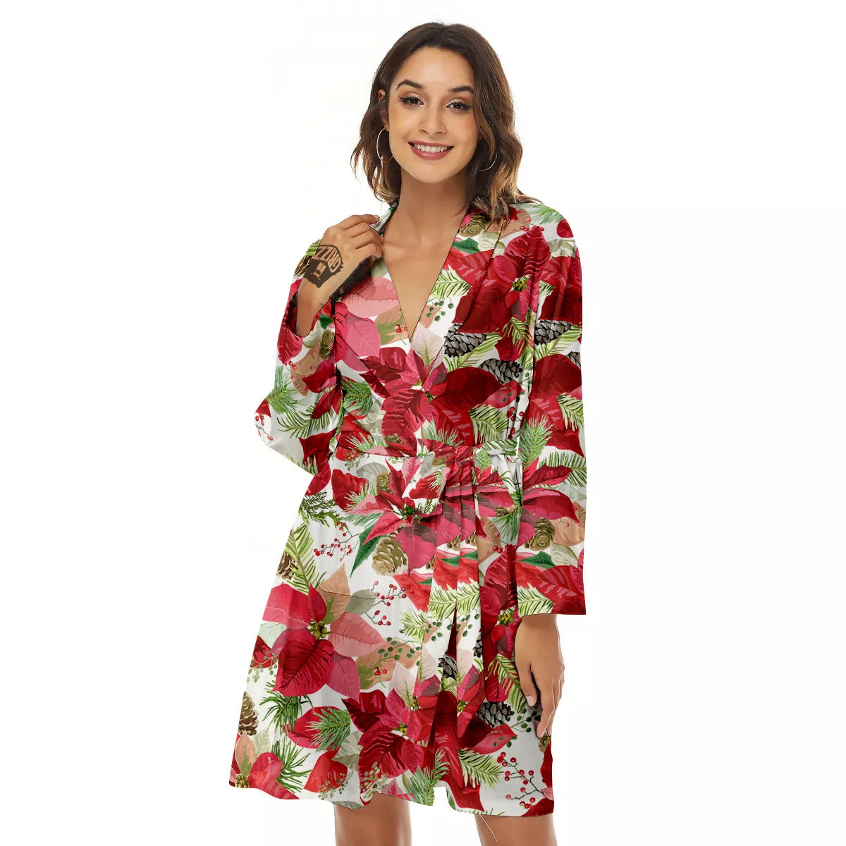 Flower Poinsettia Print Pattern Women's Robe-grizzshop