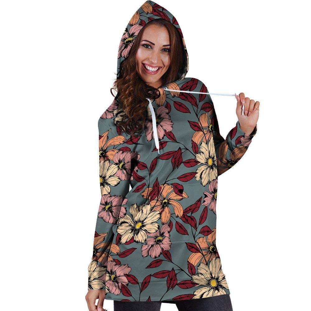 Flower Print Hoodie Dress-grizzshop