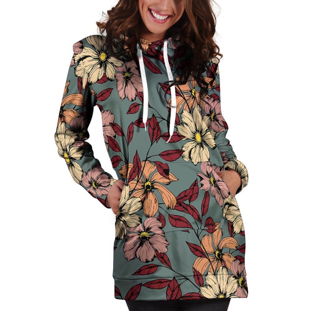 Flower Print Hoodie Dress-grizzshop