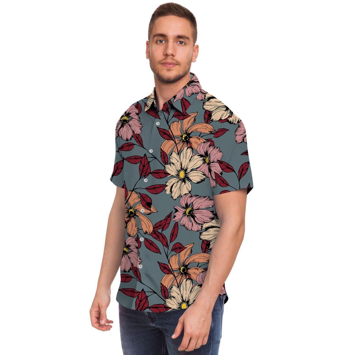 Flower Print Men's Short Sleeve Shirt-grizzshop