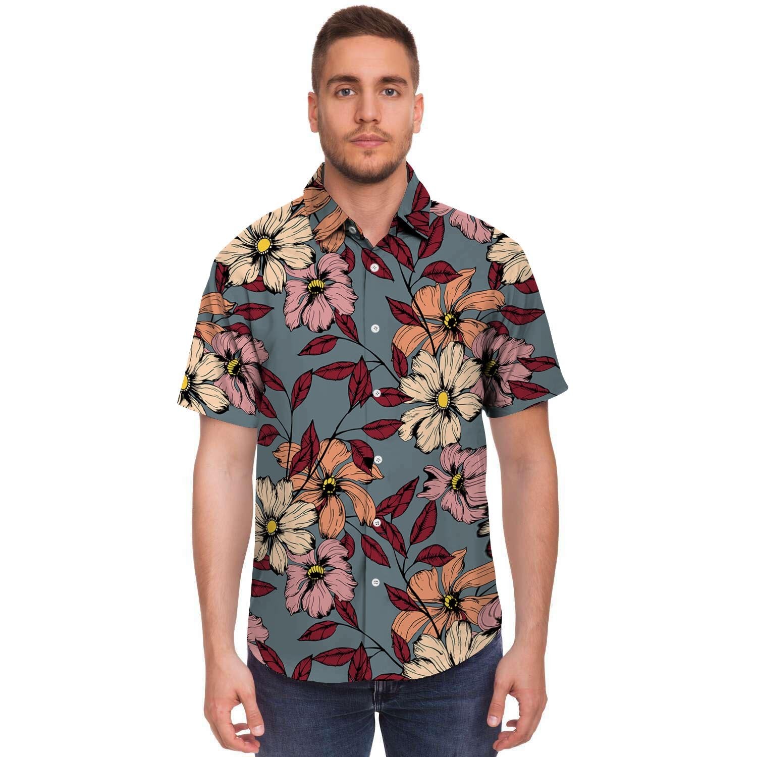 Flower Print Men's Short Sleeve Shirt-grizzshop
