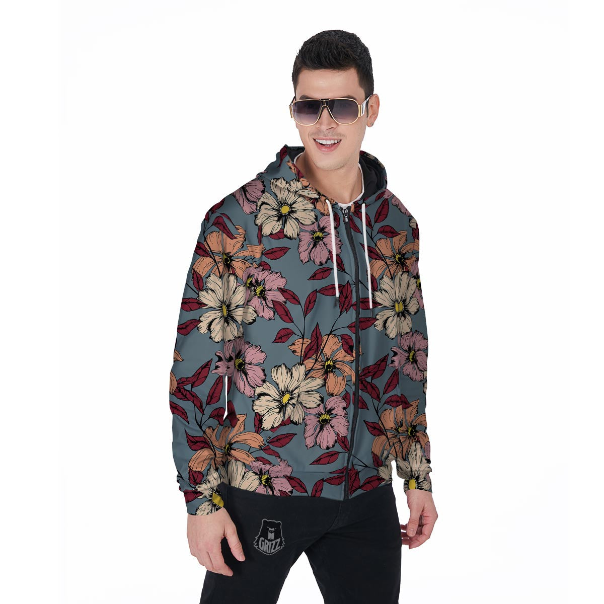 Flower Print Men's Zip Up Hoodie-grizzshop
