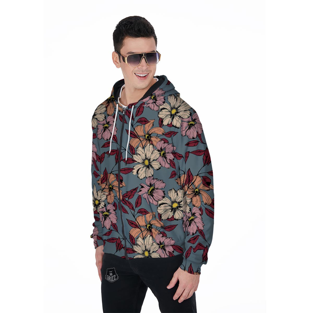 Flower Print Men's Zip Up Hoodie-grizzshop