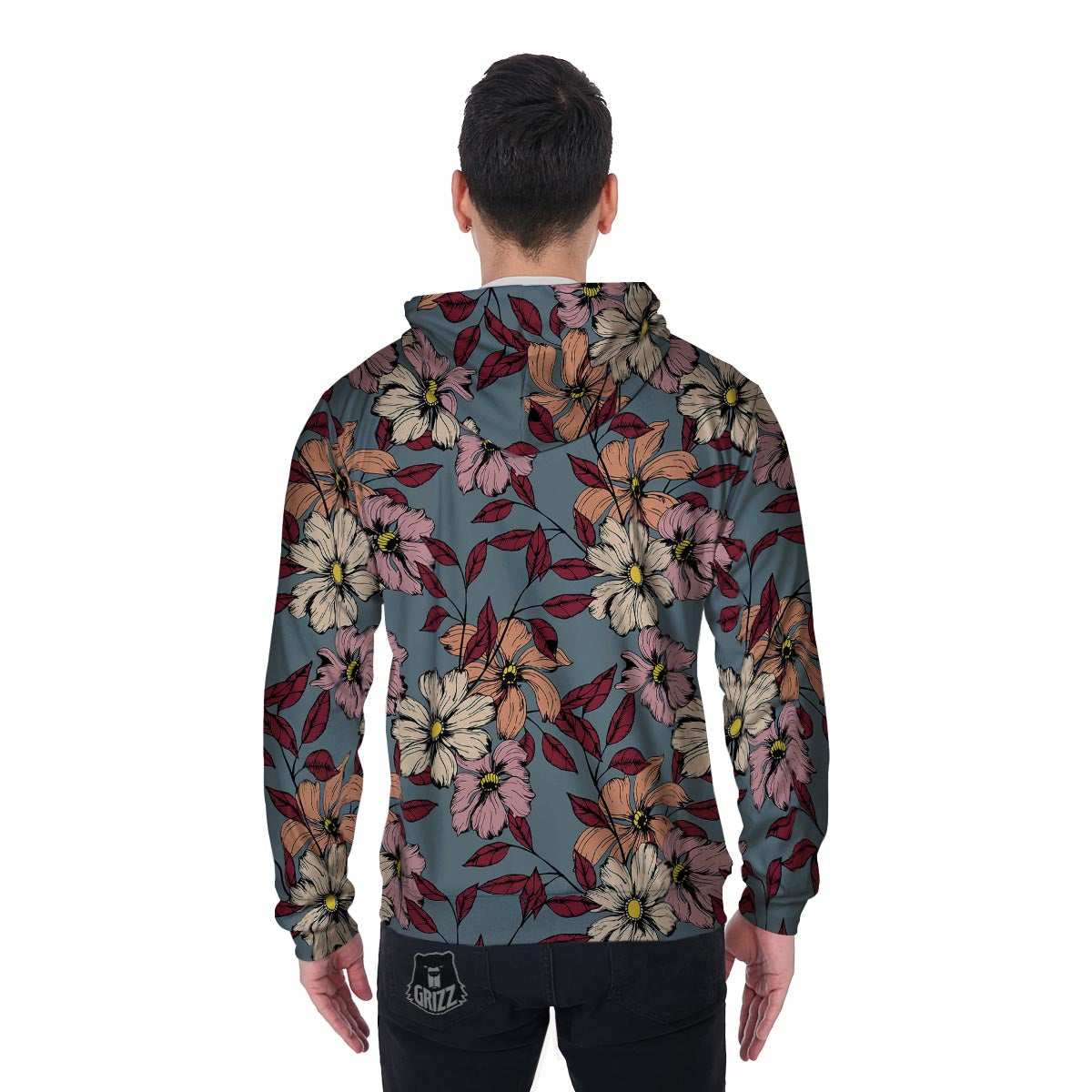 Flower Print Men's Zip Up Hoodie-grizzshop