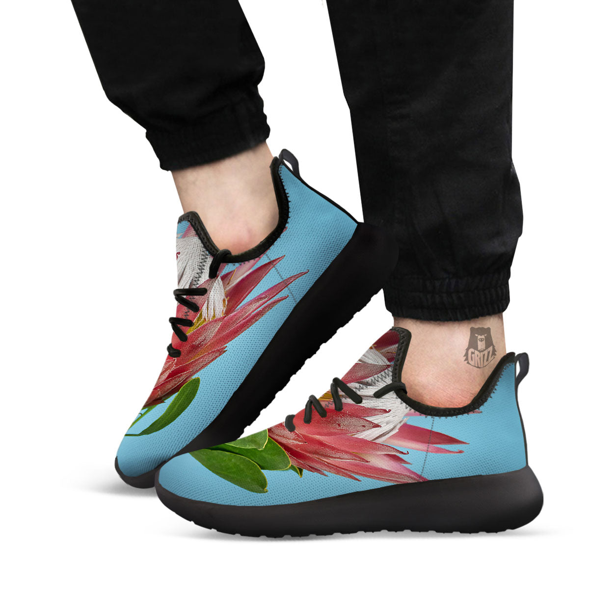 Flower Protea Print Black Athletic Shoes-grizzshop