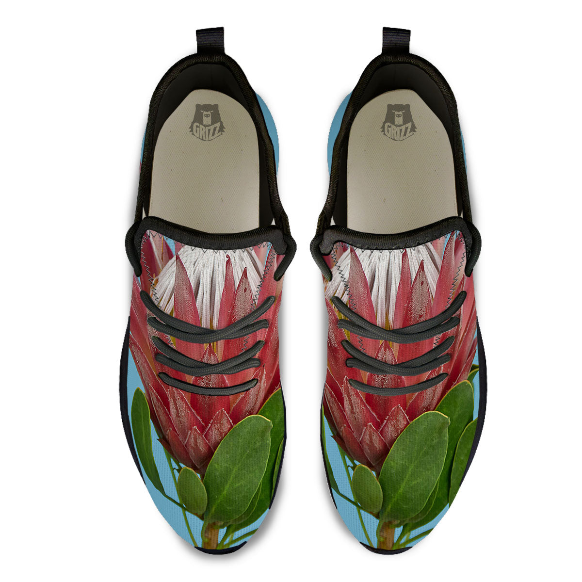 Flower Protea Print Black Athletic Shoes-grizzshop