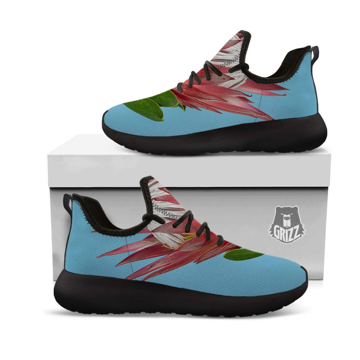 Flower Protea Print Black Athletic Shoes-grizzshop