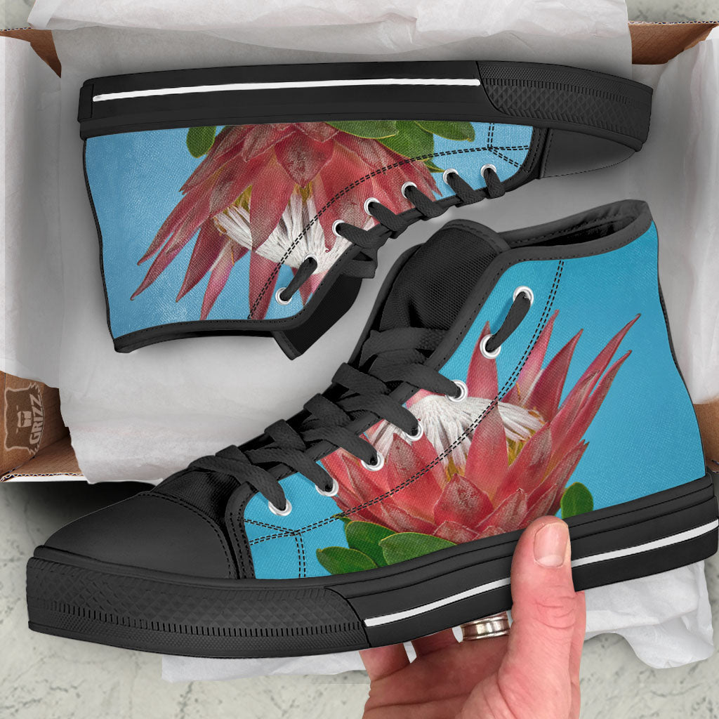 Flower Protea Print Black High Top Shoes-grizzshop