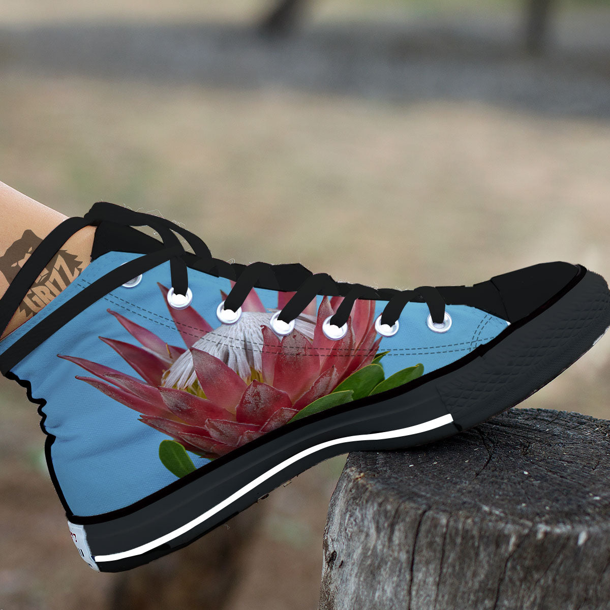 Flower Protea Print Black High Top Shoes-grizzshop