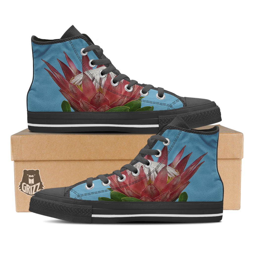Flower Protea Print Black High Top Shoes-grizzshop