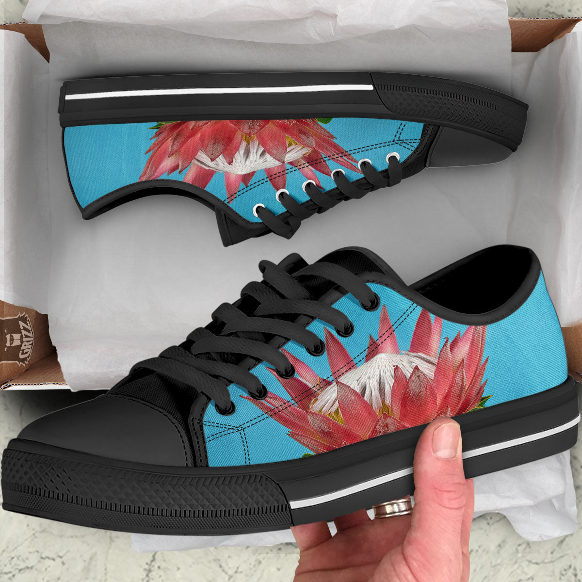 Flower Protea Print Black Low Top Shoes-grizzshop