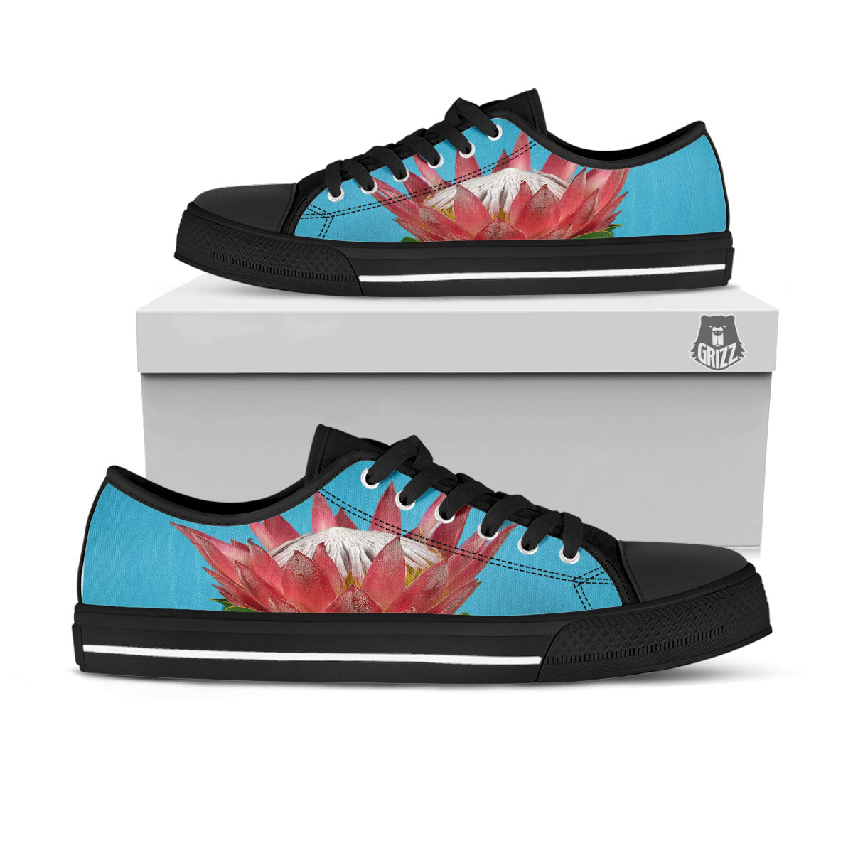 Flower Protea Print Black Low Top Shoes-grizzshop