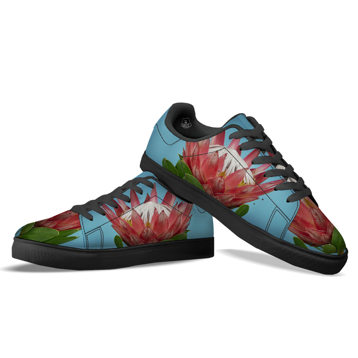 Flower Protea Print Black Low Top Sneakers-grizzshop