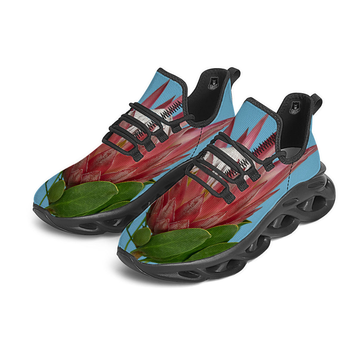 Flower Protea Print Black Running Shoes-grizzshop