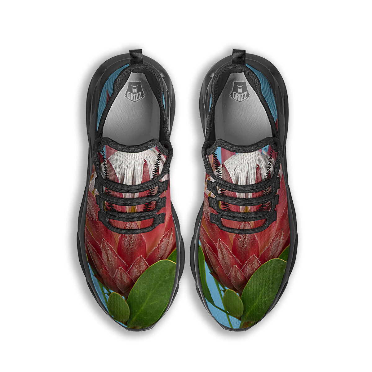Flower Protea Print Black Running Shoes-grizzshop