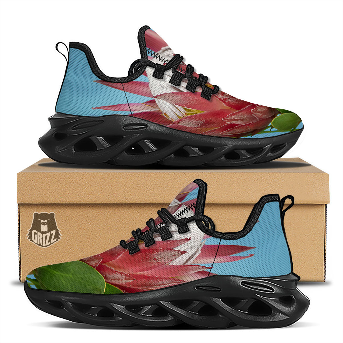 Flower Protea Print Black Running Shoes-grizzshop