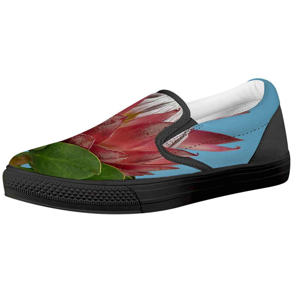 Flower Protea Print Black Slip On Shoes-grizzshop