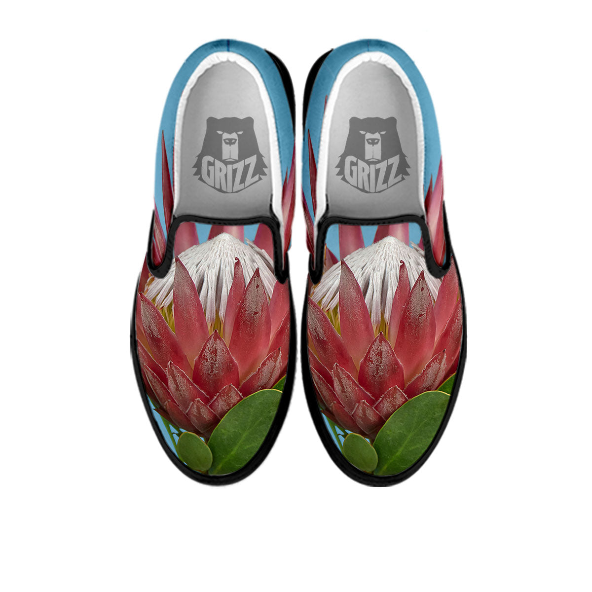 Flower Protea Print Black Slip On Shoes-grizzshop