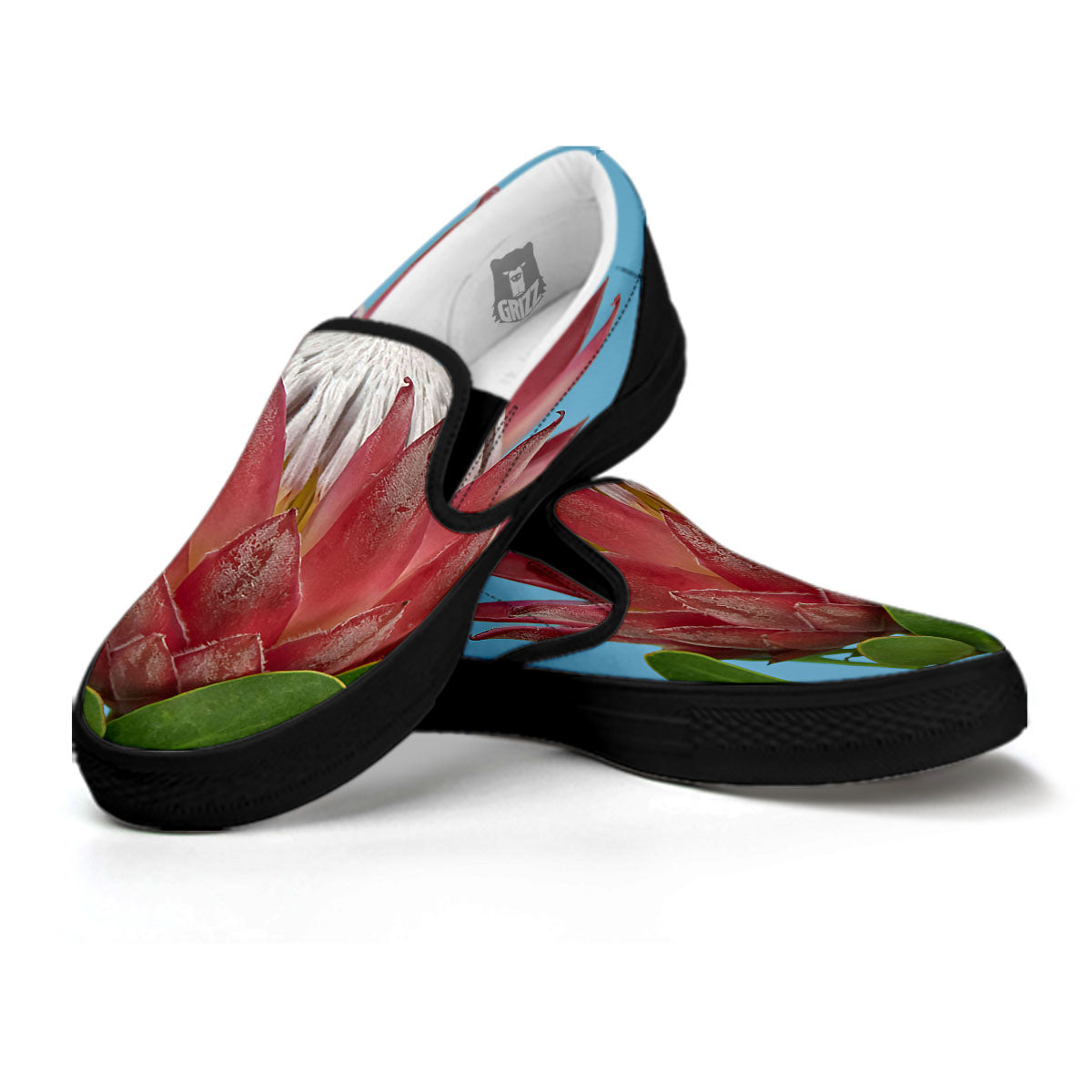 Flower Protea Print Black Slip On Shoes-grizzshop