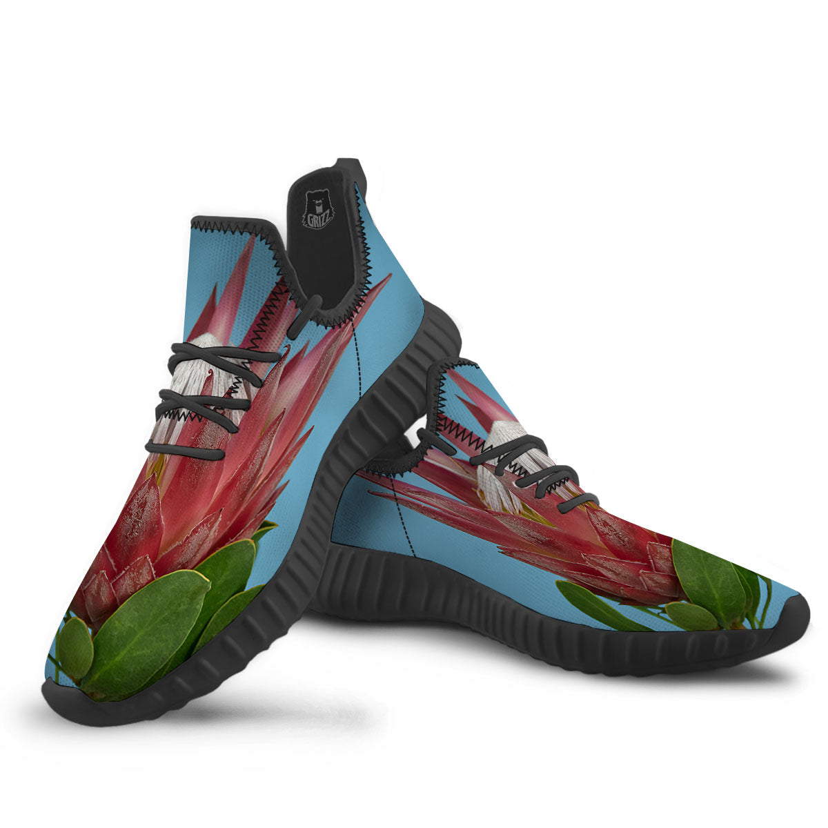 Flower Protea Print Black Walking Shoes-grizzshop
