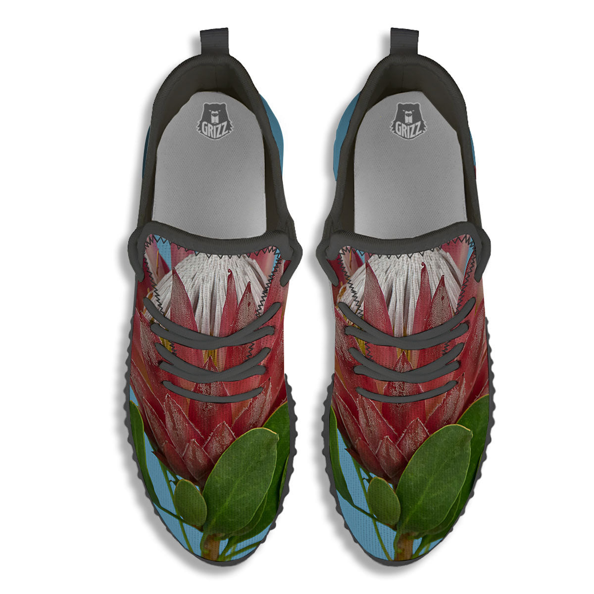 Flower Protea Print Black Walking Shoes-grizzshop