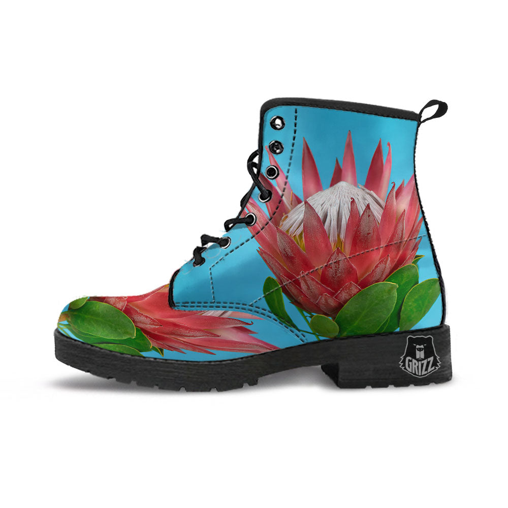 Flower Protea Print Leather Boots-grizzshop