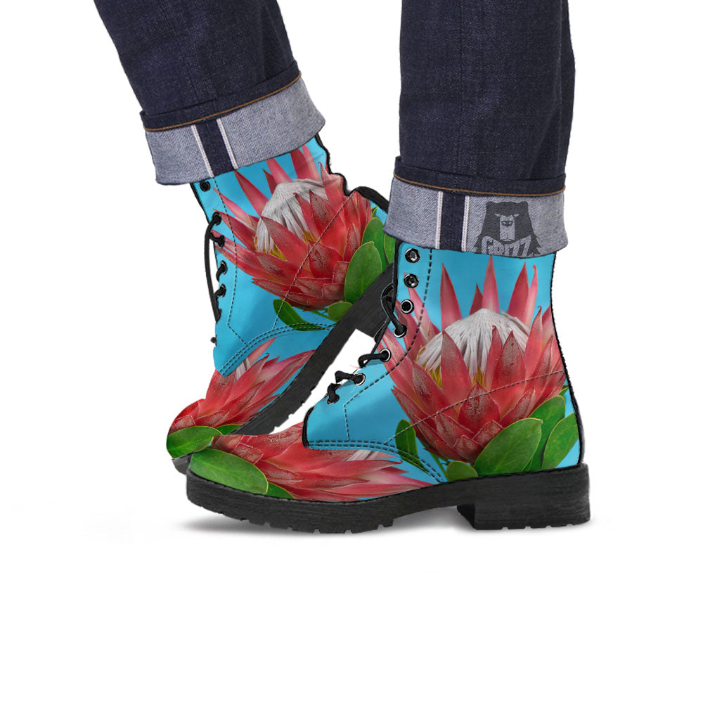 Flower Protea Print Leather Boots-grizzshop