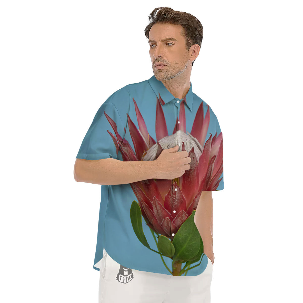 Flower Protea Print Men's Short Sleeve Shirts-grizzshop