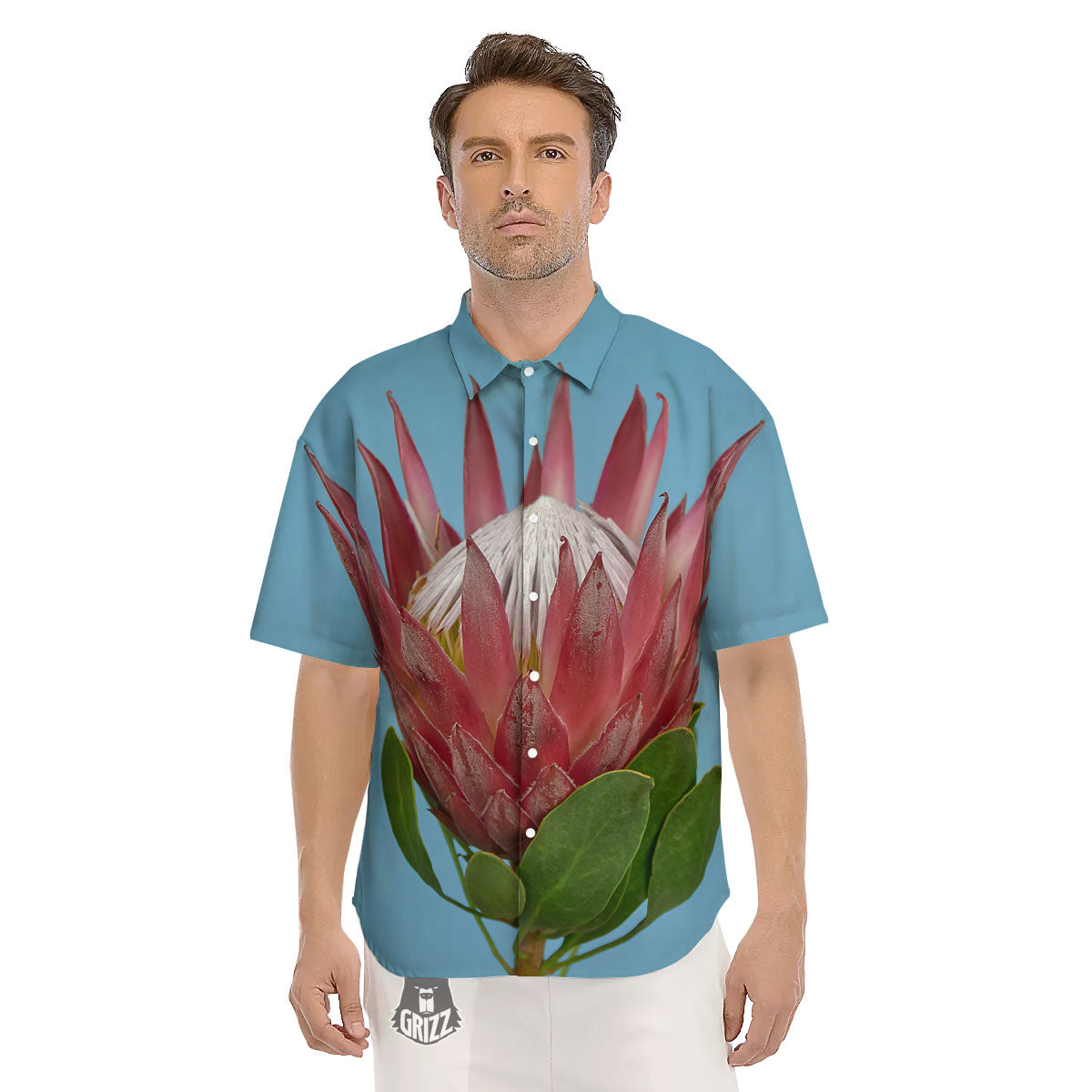 Flower Protea Print Men's Short Sleeve Shirts-grizzshop