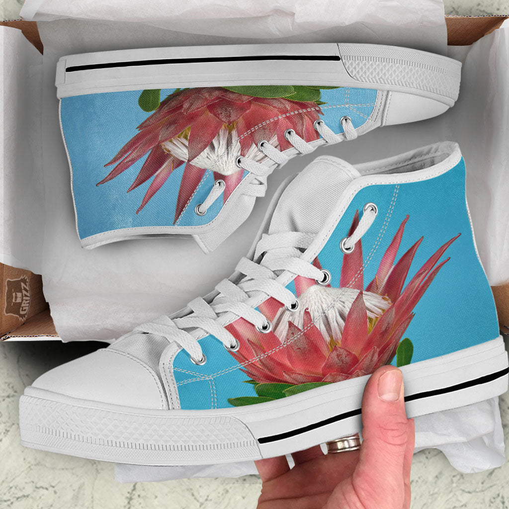 Flower Protea Print White High Top Shoes-grizzshop