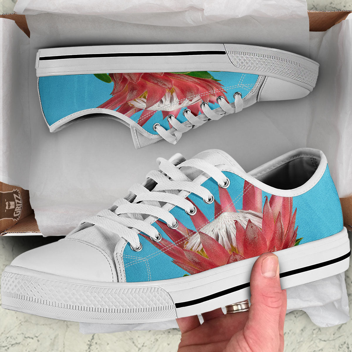 Flower Protea Print White Low Top Shoes-grizzshop