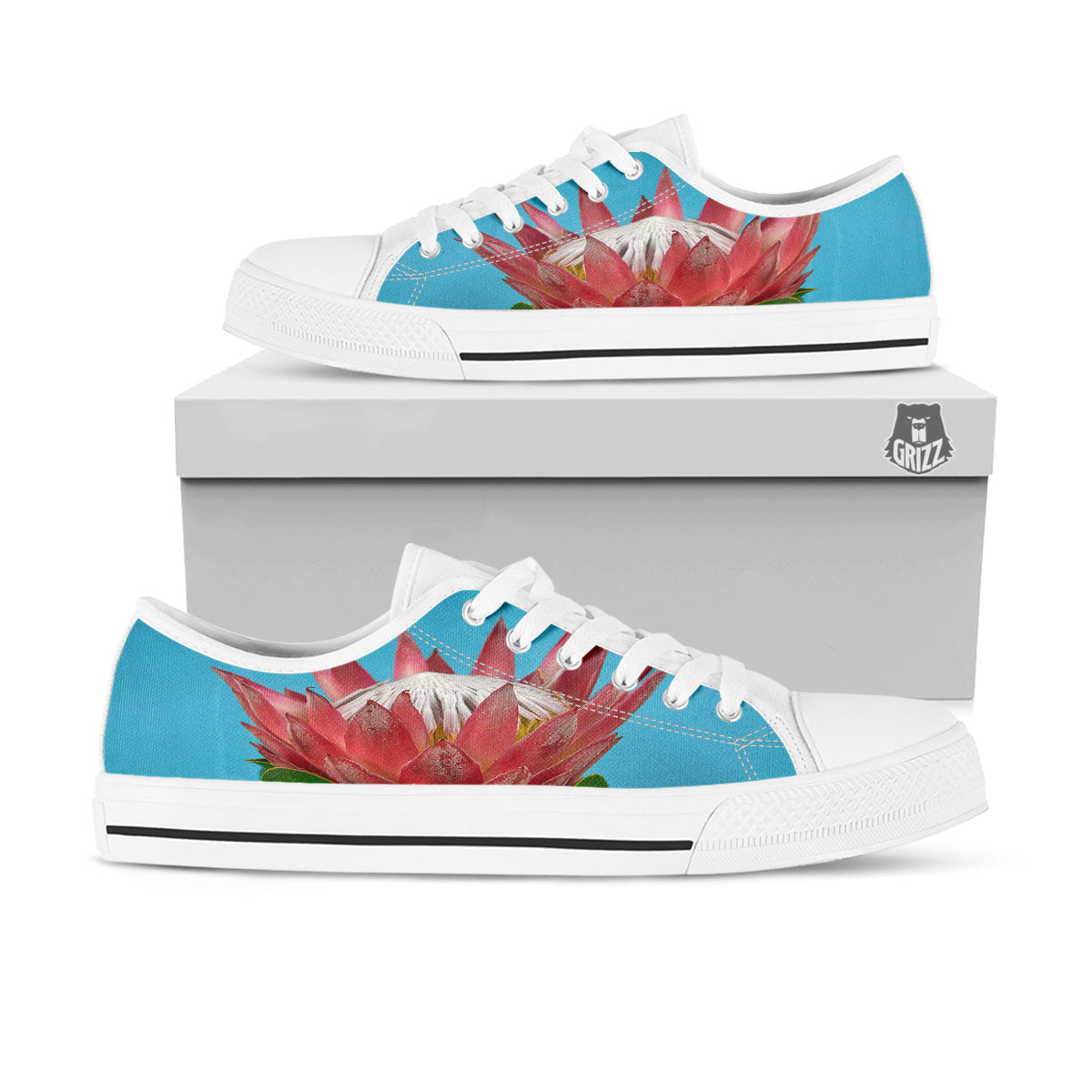 Flower Protea Print White Low Top Shoes-grizzshop