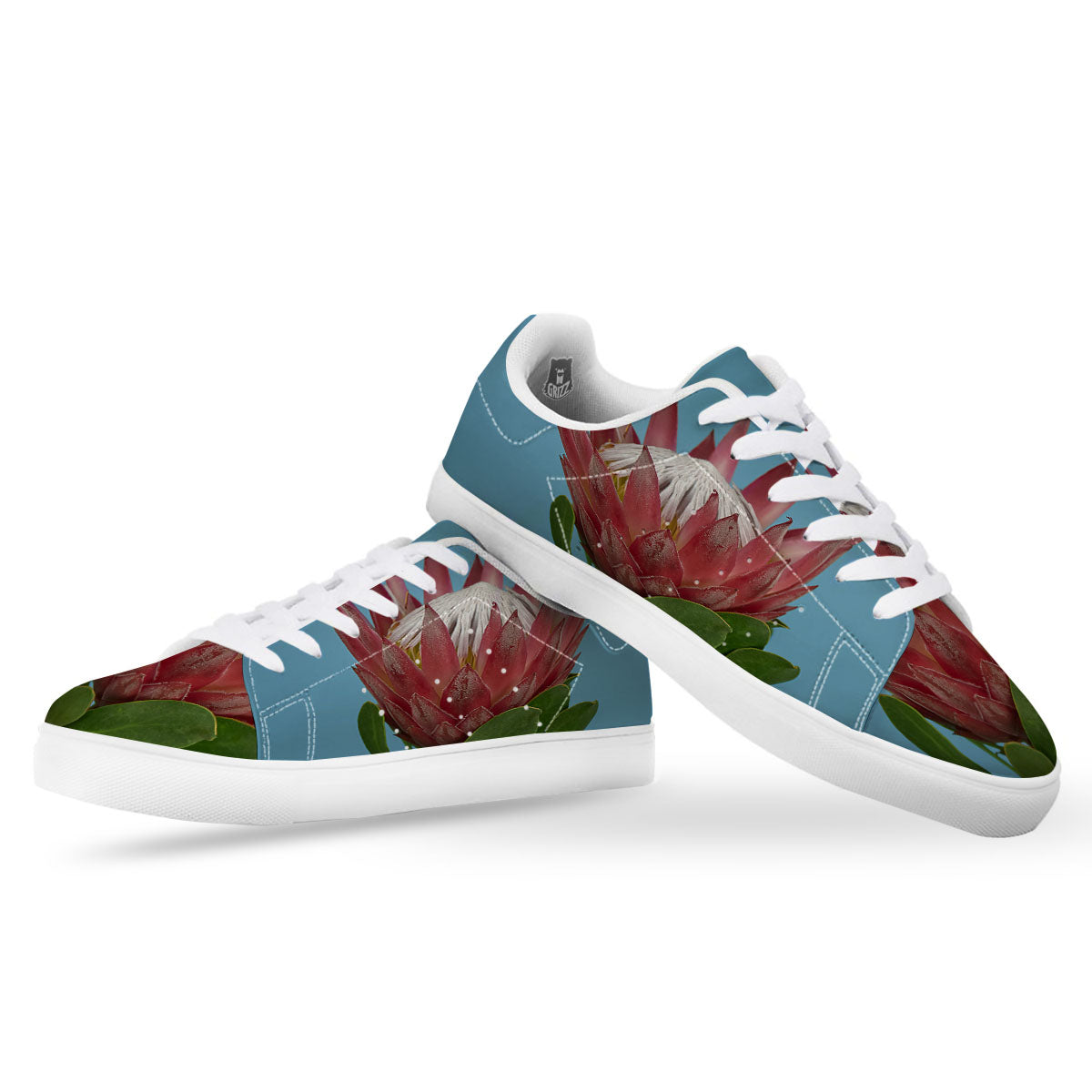 Flower Protea Print White Low Top Sneakers-grizzshop