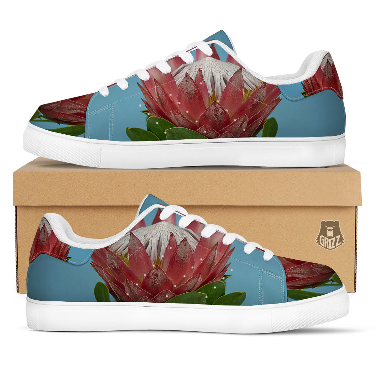 Flower Protea Print White Low Top Sneakers-grizzshop