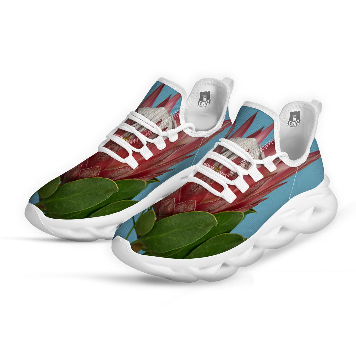 Flower Protea Print White Running Shoes-grizzshop