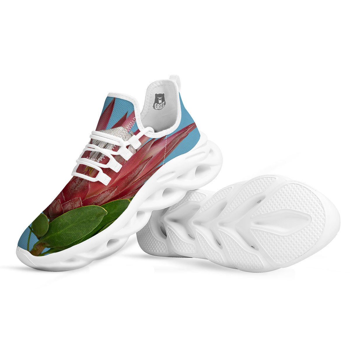 Flower Protea Print White Running Shoes-grizzshop